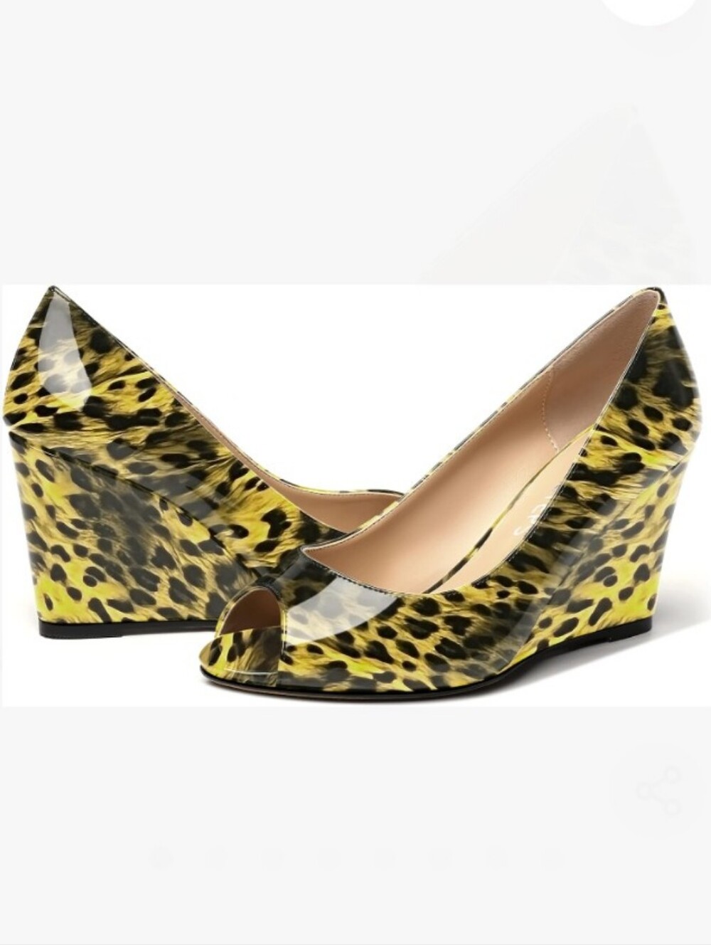 Movinsteps Women's Yellow Leopard Patent Wedge Peep-Toe Pumps